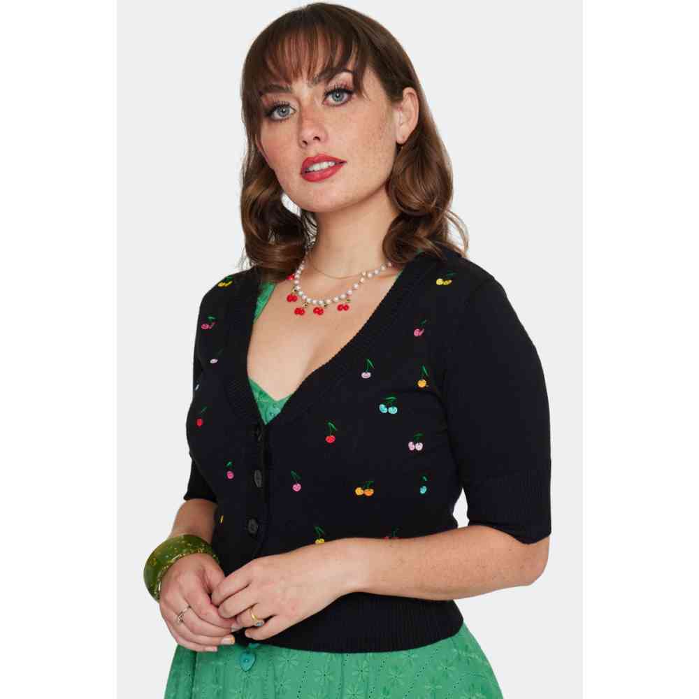Voodoo Vixen - Rainbow Cherry Embroidered Cardigan - Zwart/Regenboog